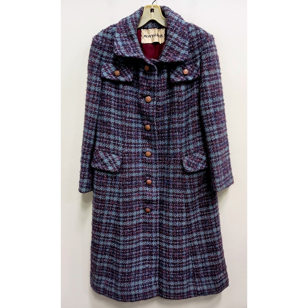 Vintage 80s Montaldo's Long Wool Tweed Coat Womens Large Purple Blue Overcoat